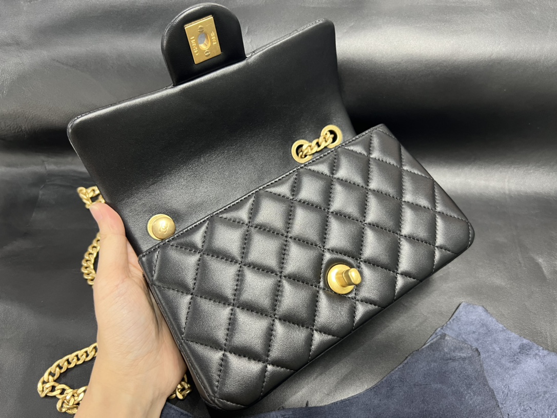 Chanel 23S Camellia Adjustable CF Large Mini, Black and Gold, Lambskin