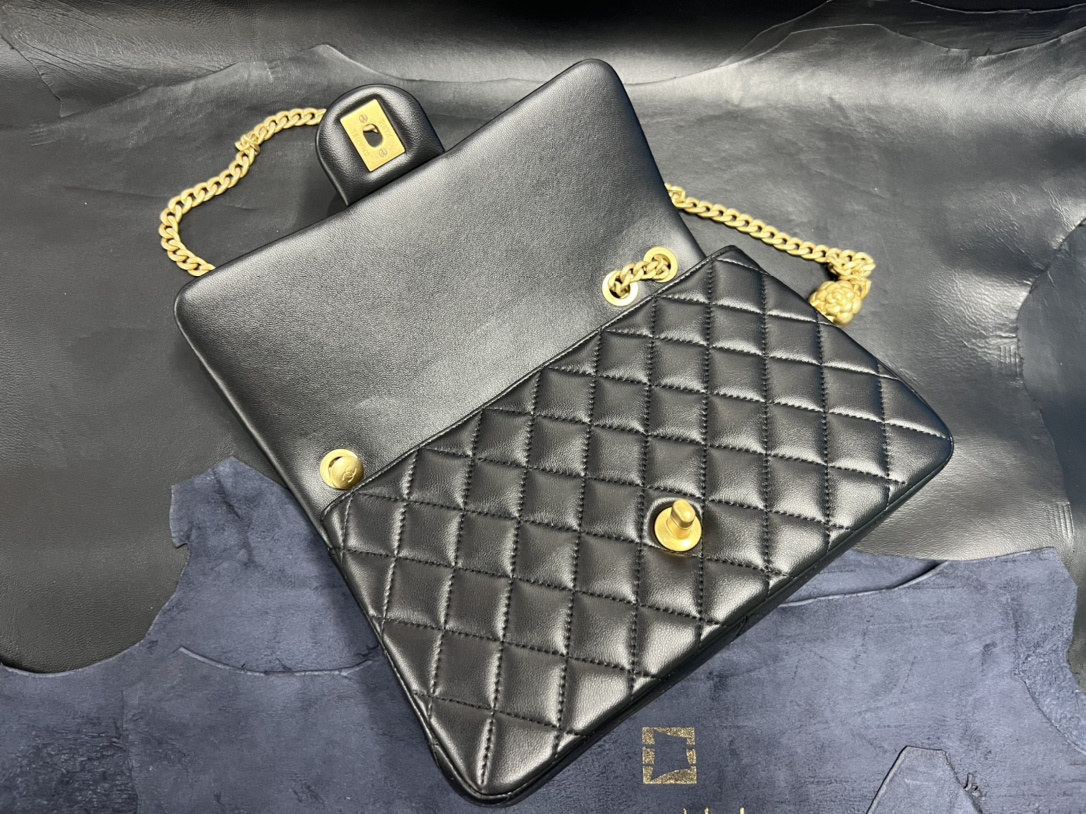 Chanel 23S Camellia Adjustable CF Small, Black and Gold, Lambskin  