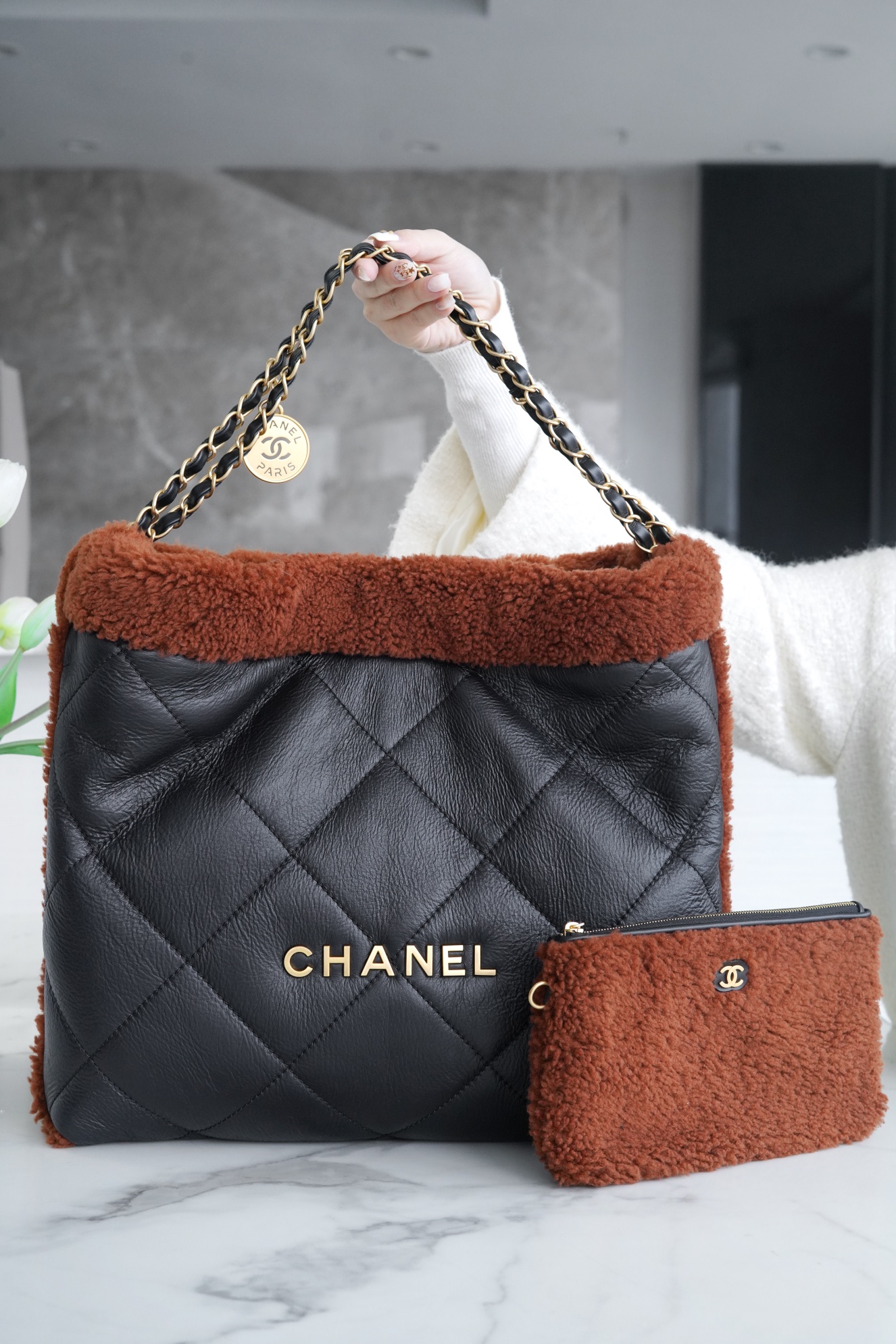 Chanel 23B Teddy Bear Style, Black Brown, 23B Fall/Winter Limited Edition, Double-Sided Sheared Suede Effect Lambskin  