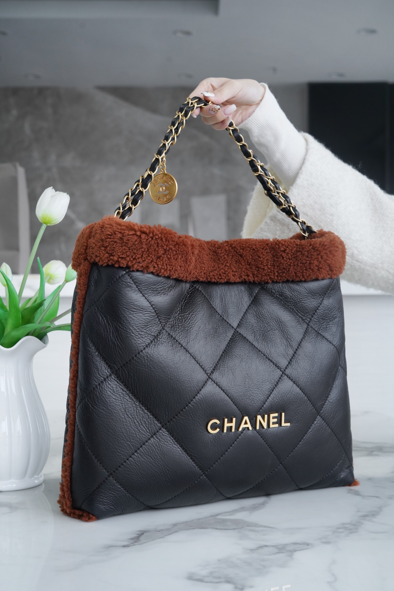 Chanel 23B Teddy Bear Style, Black Brown, 23B Fall/Winter Limited Edition, Double-Sided Sheared Suede Effect Lambskin  