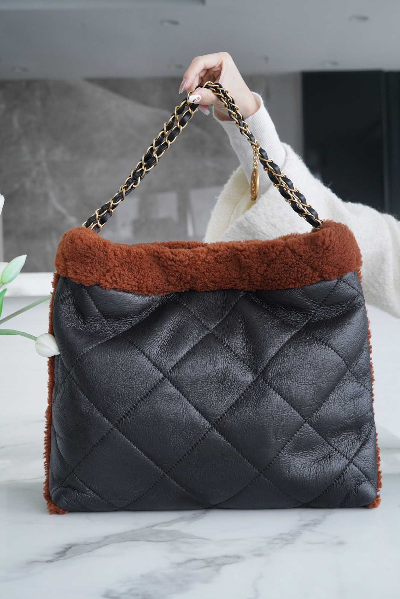 Chanel 23B Teddy Bear Style, Black Brown, 23B Fall/Winter Limited Edition, Double-Sided Sheared Suede Effect Lambskin  