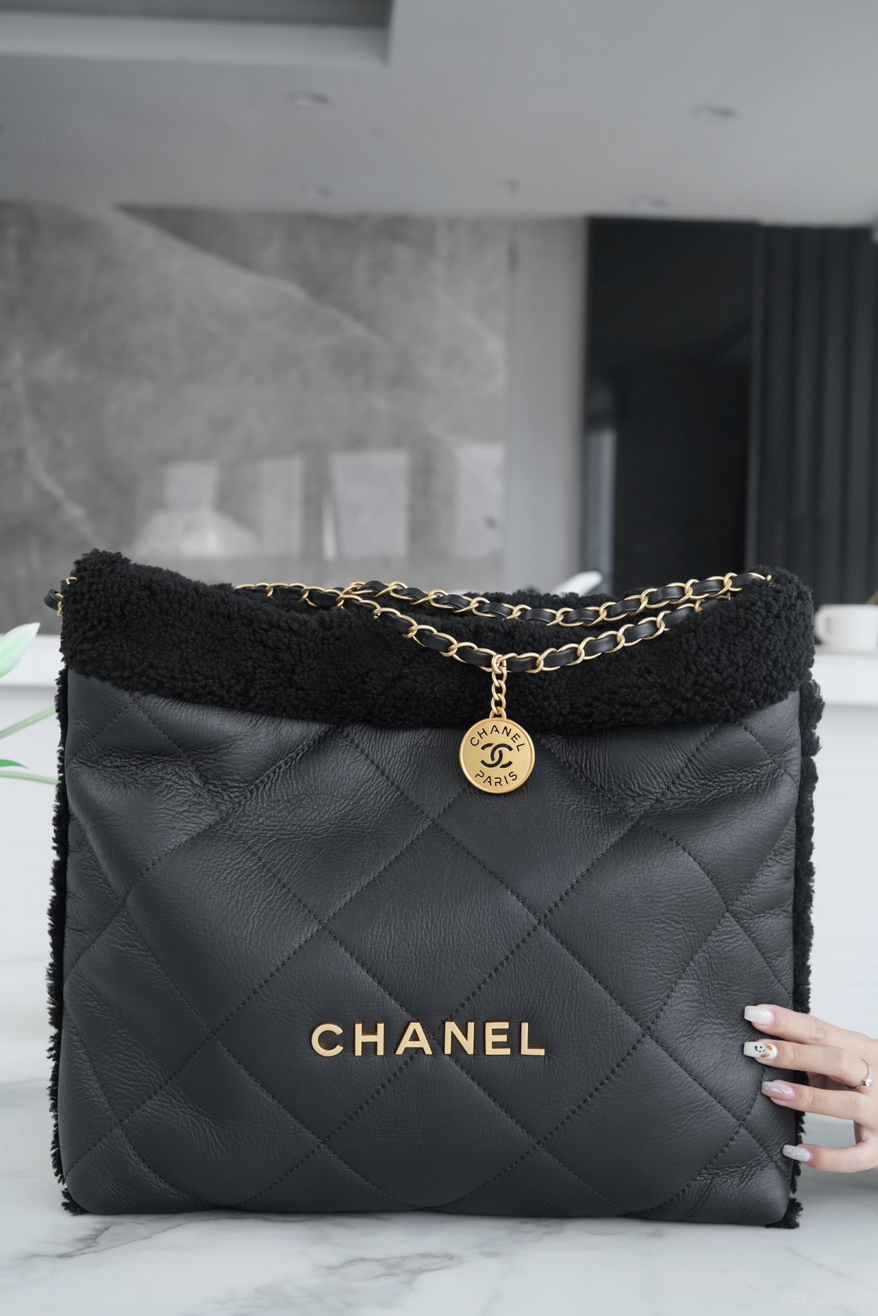 Chanel 23B Seasonal Limited Edition Teddy Bear Style, Black, 23B Fall/Winter Limited Edition, Double-Sided Sheared Suede Effect Lambskin  