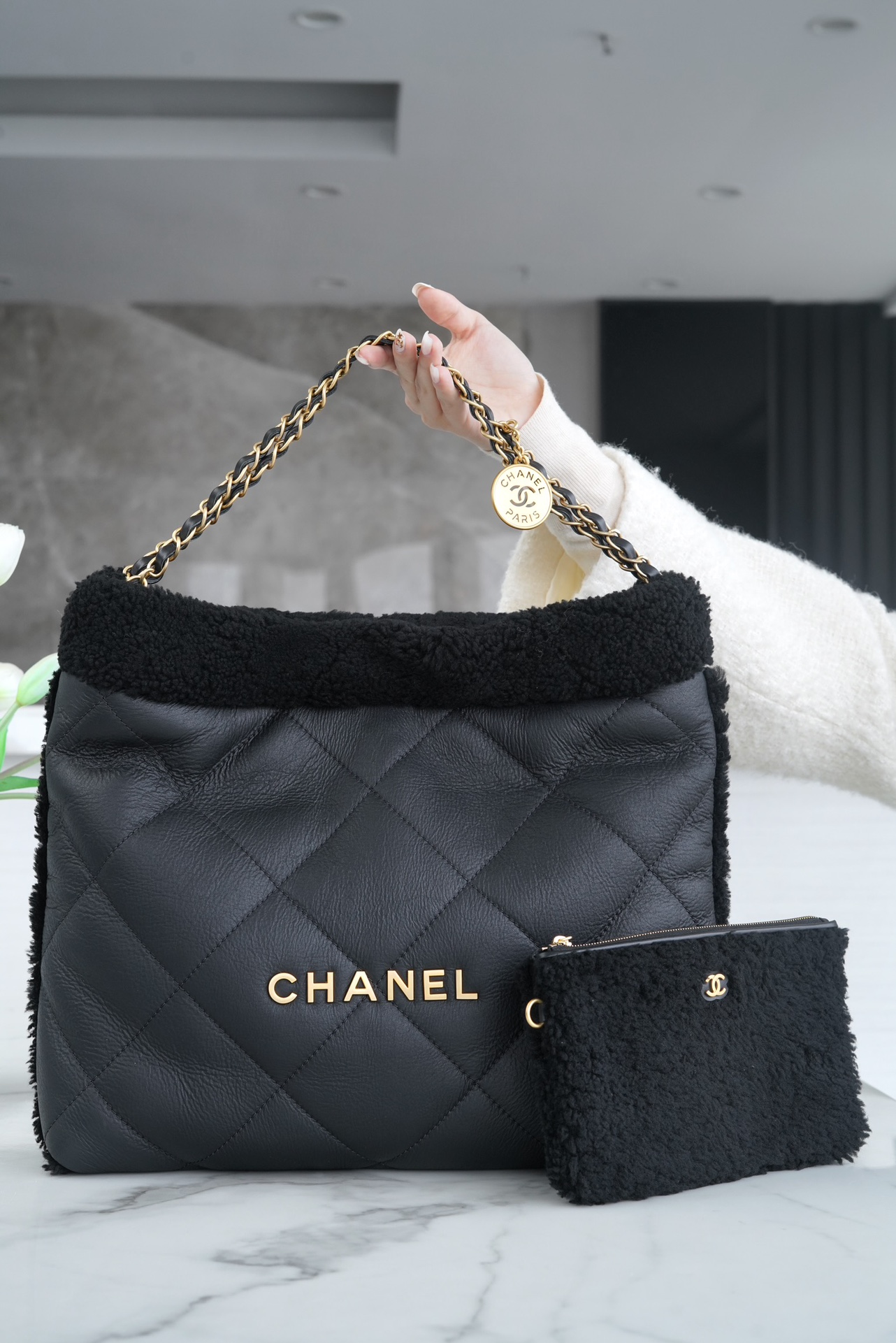 Chanel 23B Seasonal Limited Edition Teddy Bear Style, Black, 23B Fall/Winter Limited Edition, Double-Sided Sheared Suede Effect Lambskin  