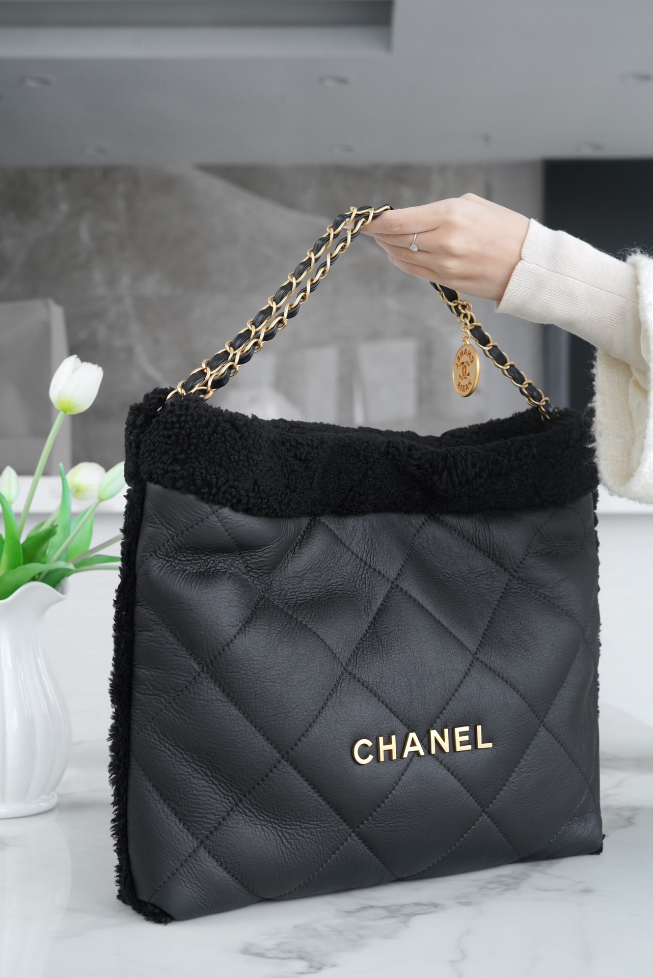 Chanel 23B Seasonal Limited Edition Teddy Bear Style, Black, 23B Fall/Winter Limited Edition, Double-Sided Sheared Suede Effect Lambskin  