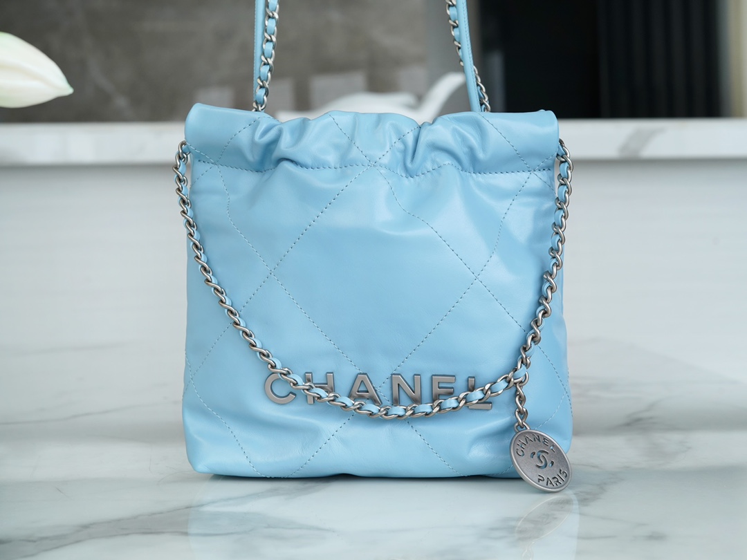 Chanel 23A 22Mini Bag, Light Blue with Silver Hardware, Calfskin  