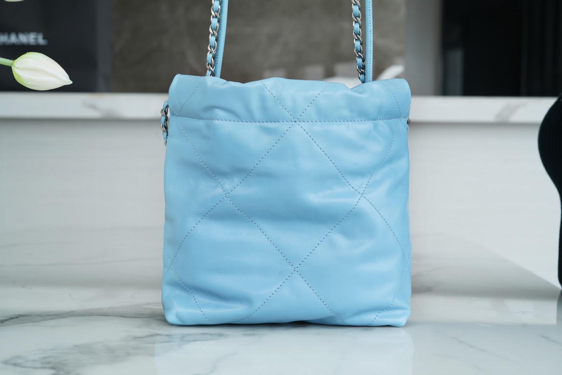 Chanel 23A 22Mini Bag, Light Blue with Silver Hardware, Calfskin  