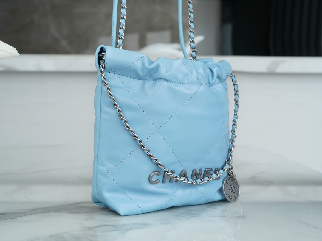 Chanel 23A 22Mini Bag, Light Blue with Silver Hardware, Calfskin  