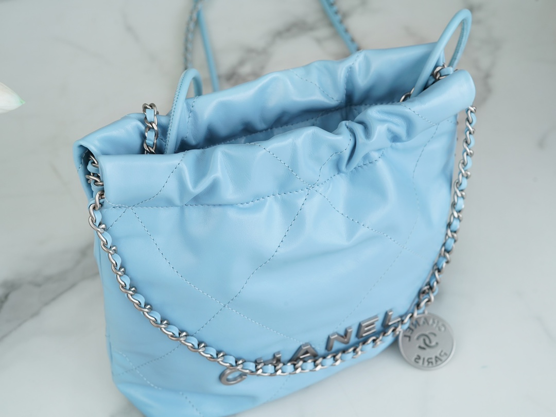 Chanel 23A 22Mini Bag, Light Blue with Silver Hardware, Calfskin  