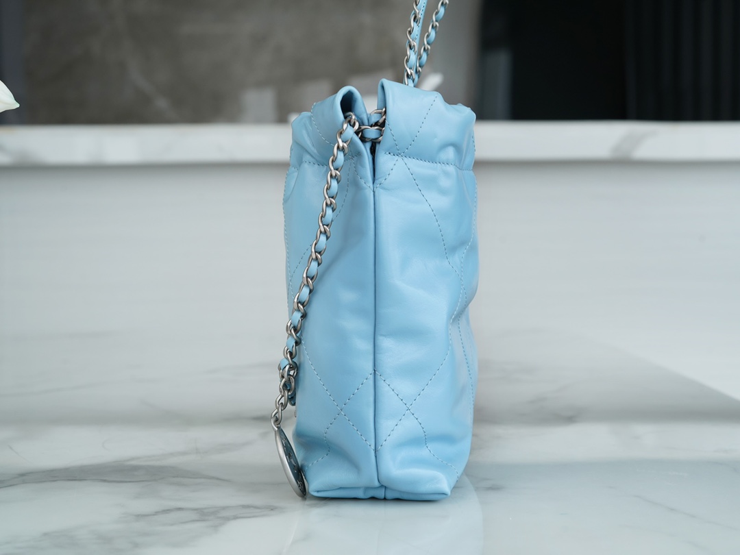 Chanel 23A 22Mini Bag, Light Blue with Silver Hardware, Calfskin  