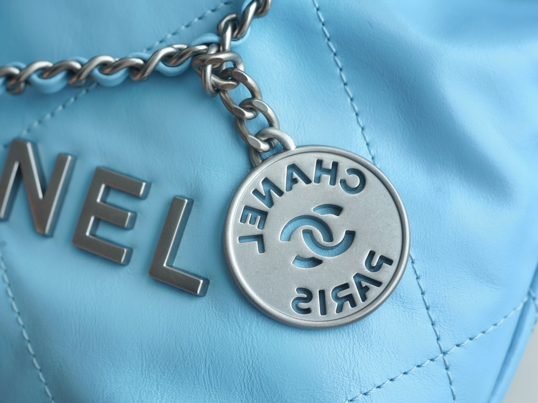 Chanel 23A 22Mini Bag, Light Blue with Silver Hardware, Calfskin  