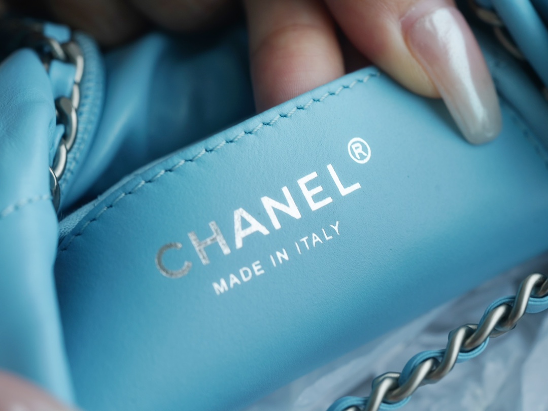 Chanel 23A 22Mini Bag, Light Blue with Silver Hardware, Calfskin  