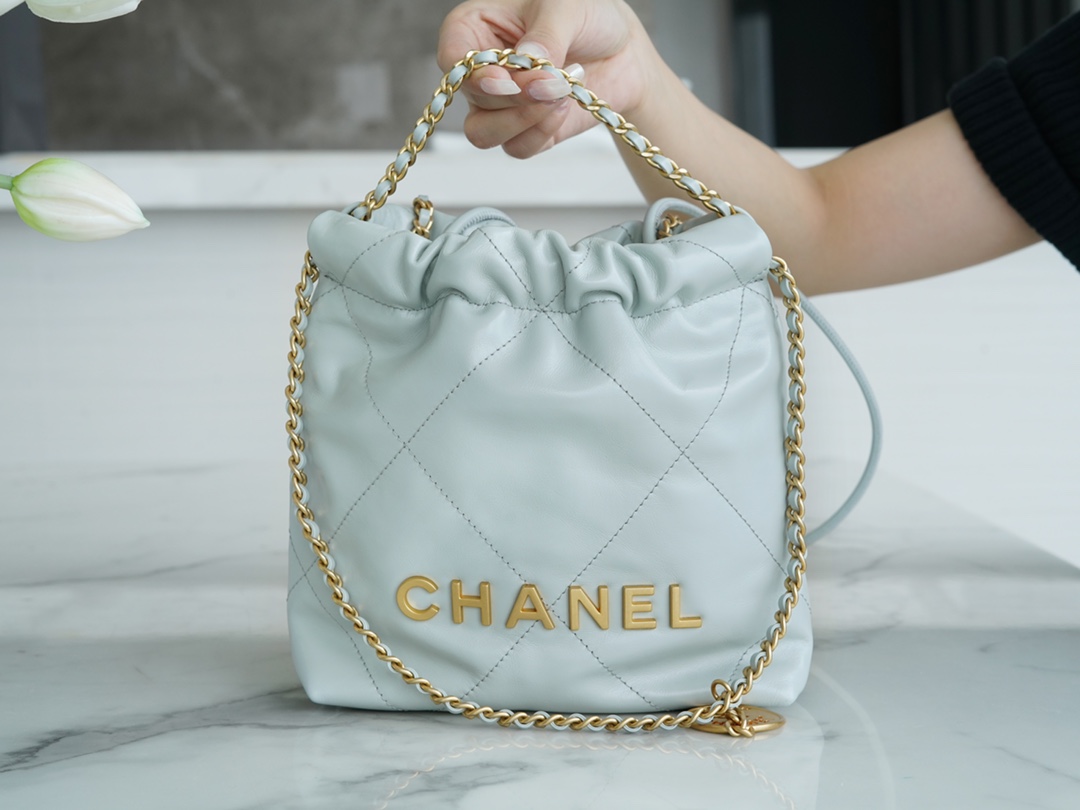 Chanel 23A 22Mini Bag, Misty Blue, Calfskin  