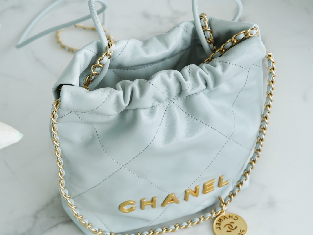 Chanel 23A 22Mini Bag, Misty Blue, Calfskin  