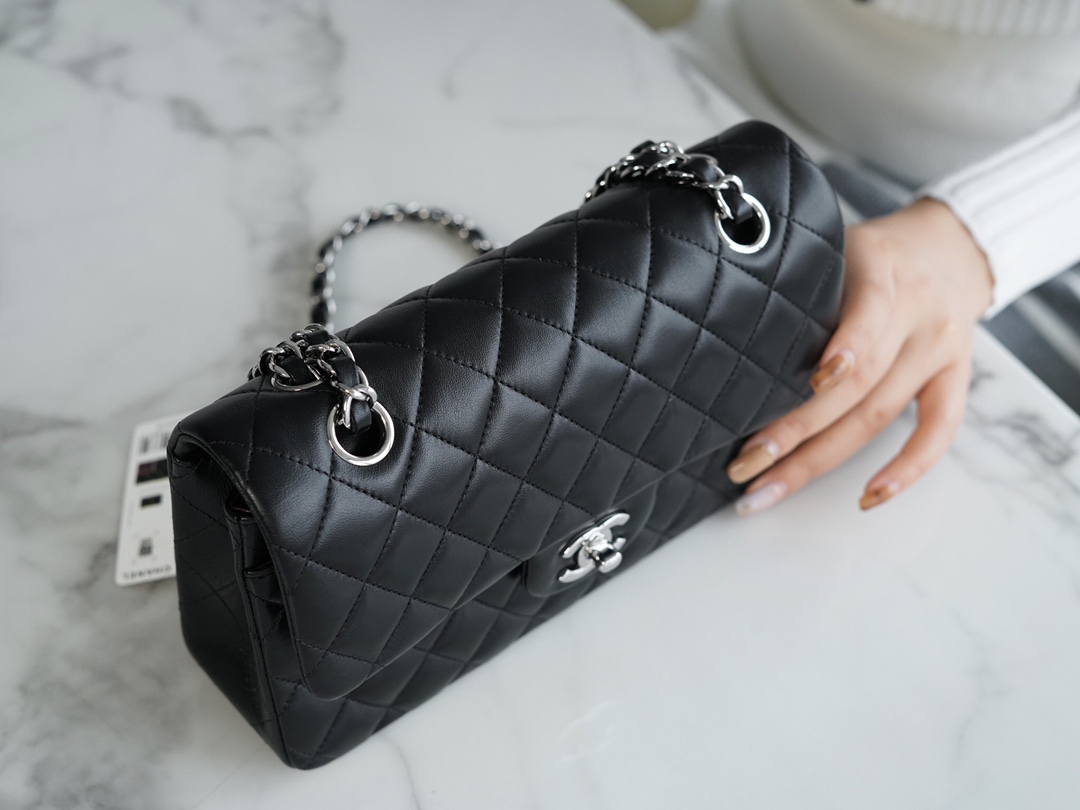 Classic Flap Bag, Black Lambskin with Silver Hardware, Small  