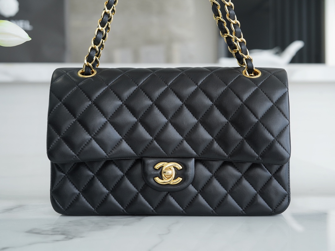 CF Classic Flap Medium Classic Flap Bag, Black and Gold, Lambskin  