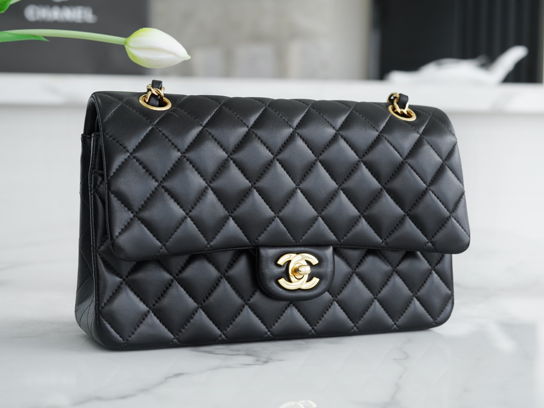 CF Classic Flap Medium Classic Flap Bag, Black and Gold, Lambskin  