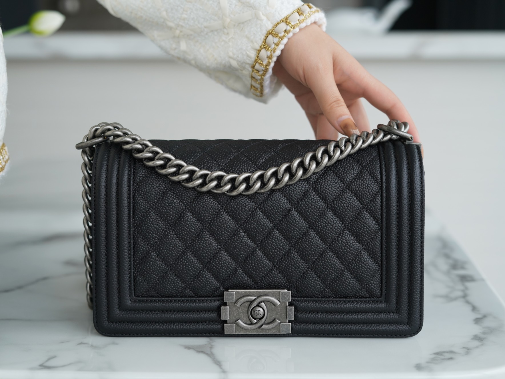 Chanel Leboy Large Quilted, Black and Silver, Medium, Caviar Calfskin  