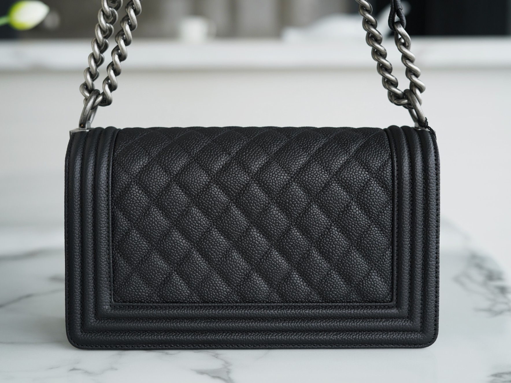 Chanel Leboy Large Quilted, Black and Silver, Medium, Caviar Calfskin  