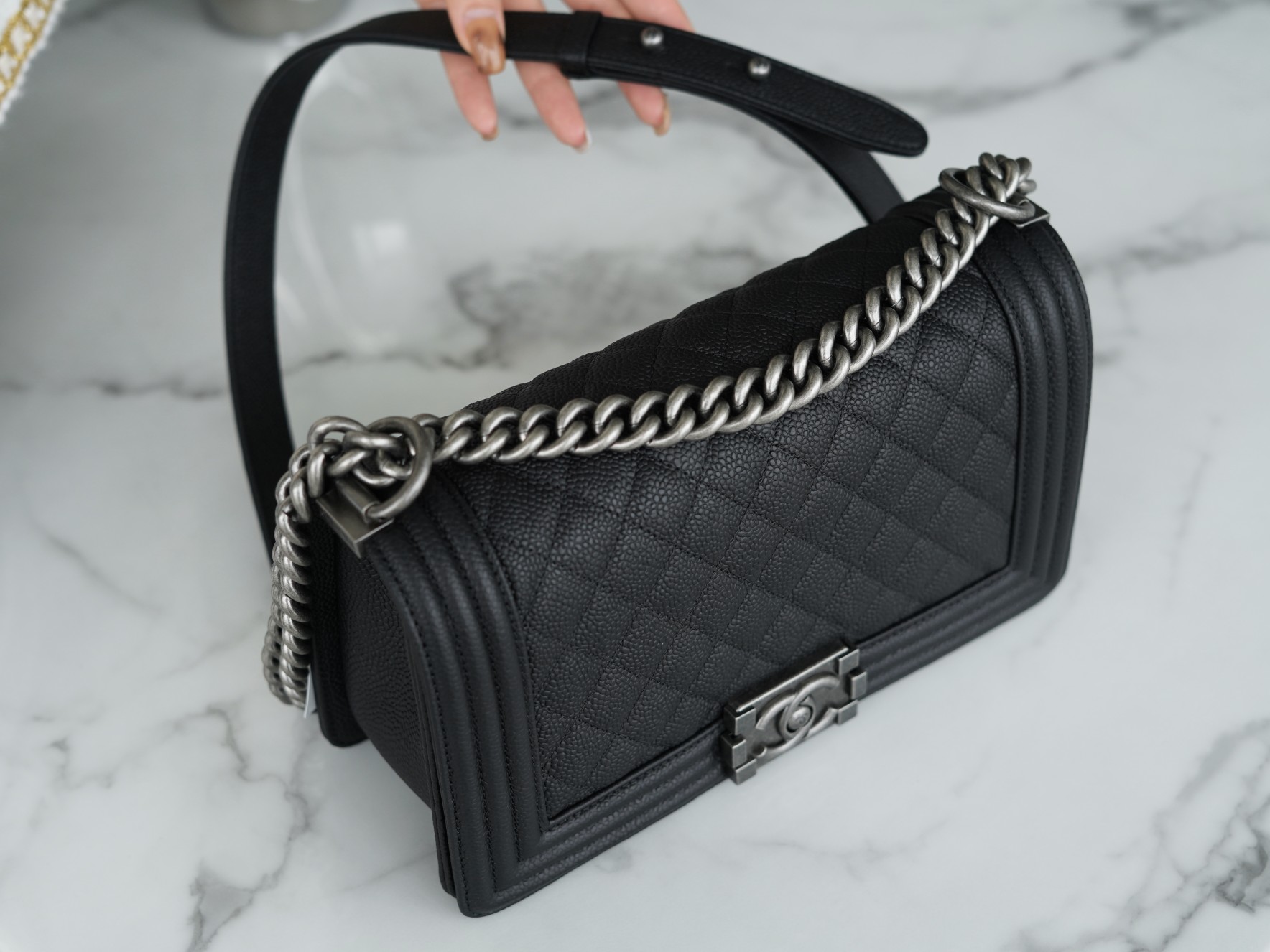 Chanel Leboy Large Quilted, Black and Silver, Medium, Caviar Calfskin  