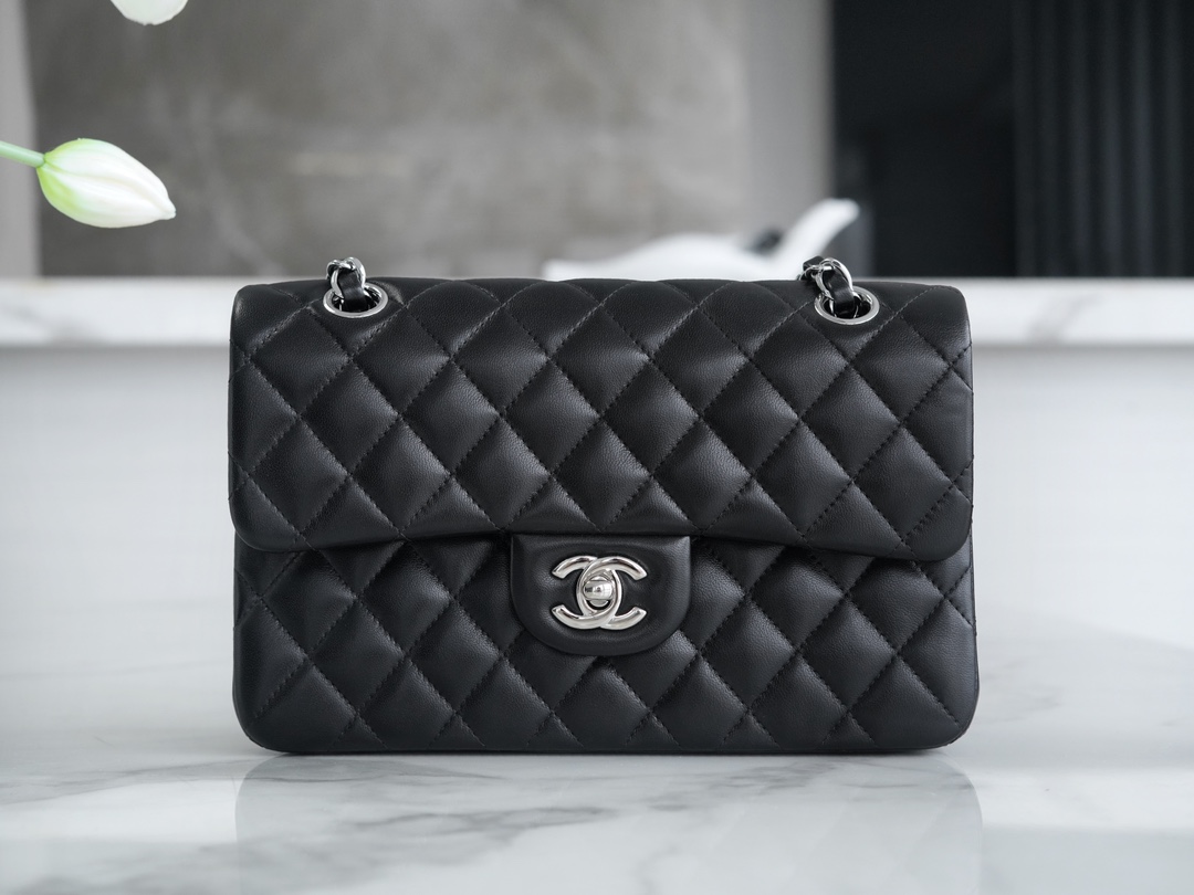 Classic Flap Bag, Black Lambskin with Silver Hardware, Small  