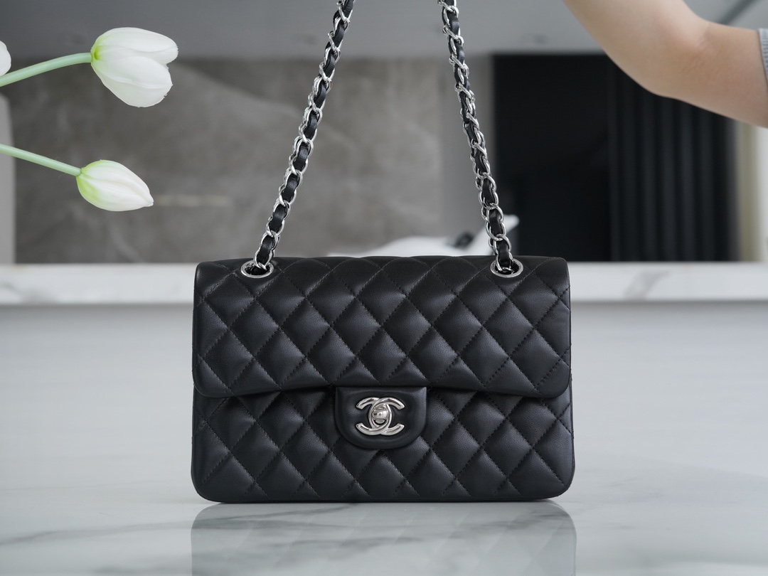 Classic Flap Bag, Black Lambskin with Silver Hardware, Small  