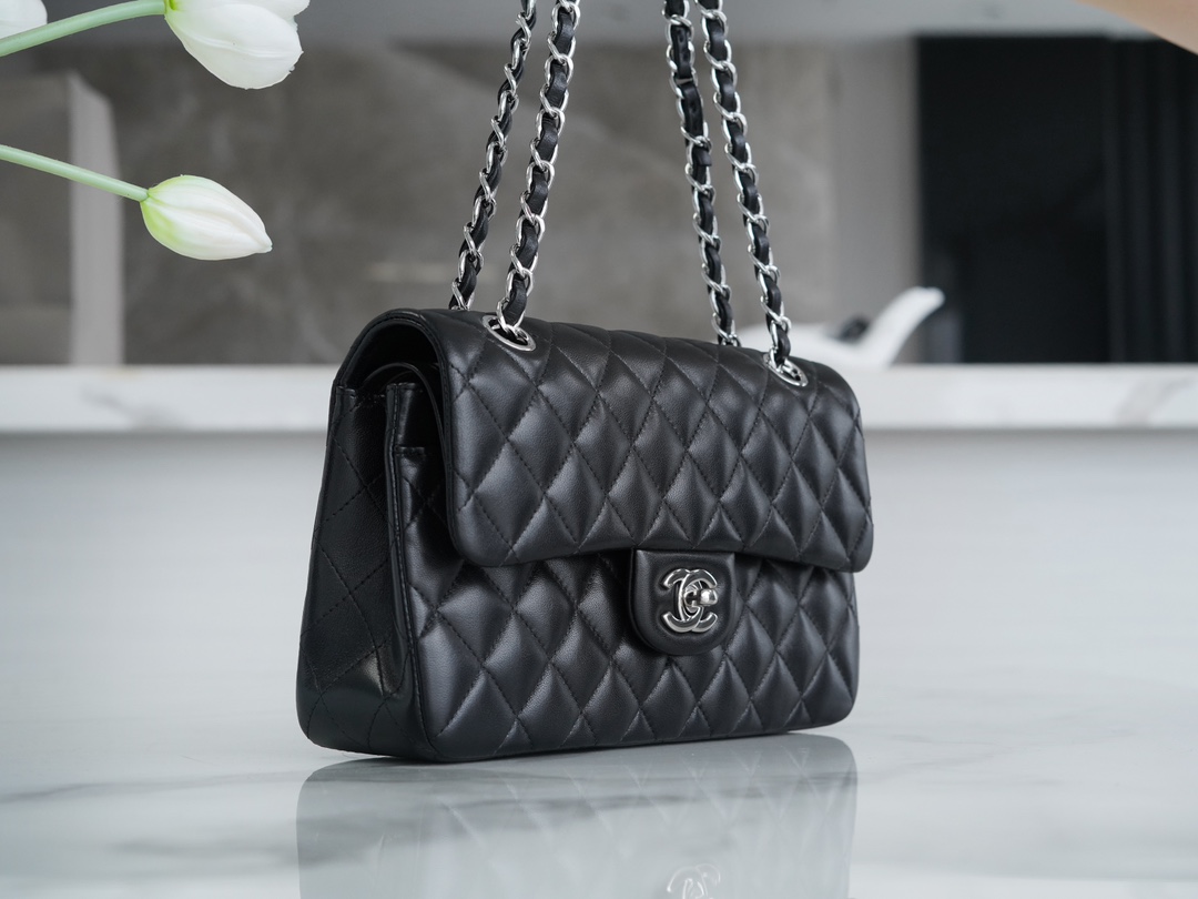 Classic Flap Bag, Black Lambskin with Silver Hardware, Small  