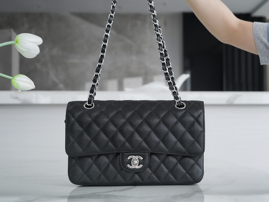 Classic Flap Bag, Medium, Black with Silver Hardware, Caviar Calfskin  