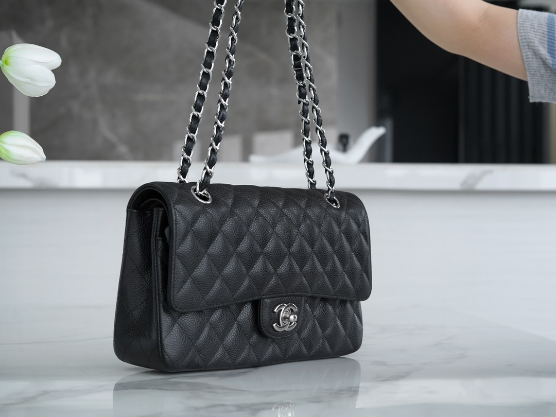 Classic Flap Bag, Medium, Black with Silver Hardware, Caviar Calfskin  