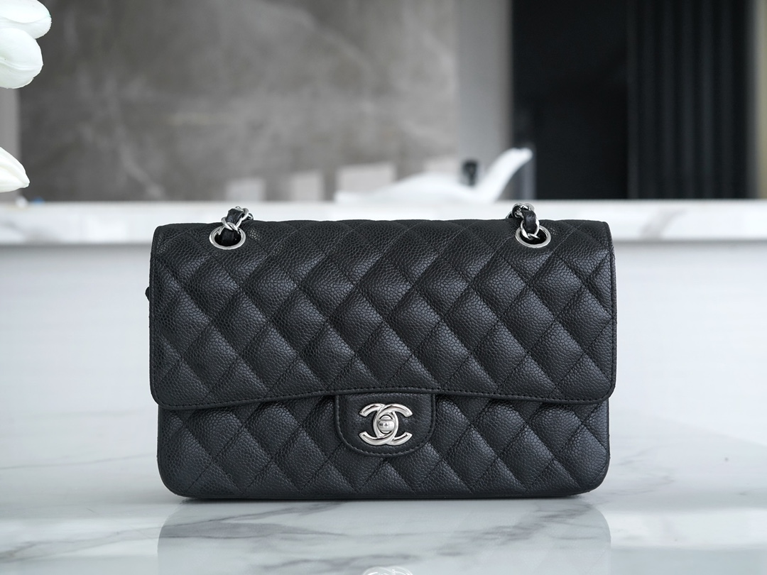 Classic Flap Bag, Medium, Black with Silver Hardware, Caviar Calfskin  