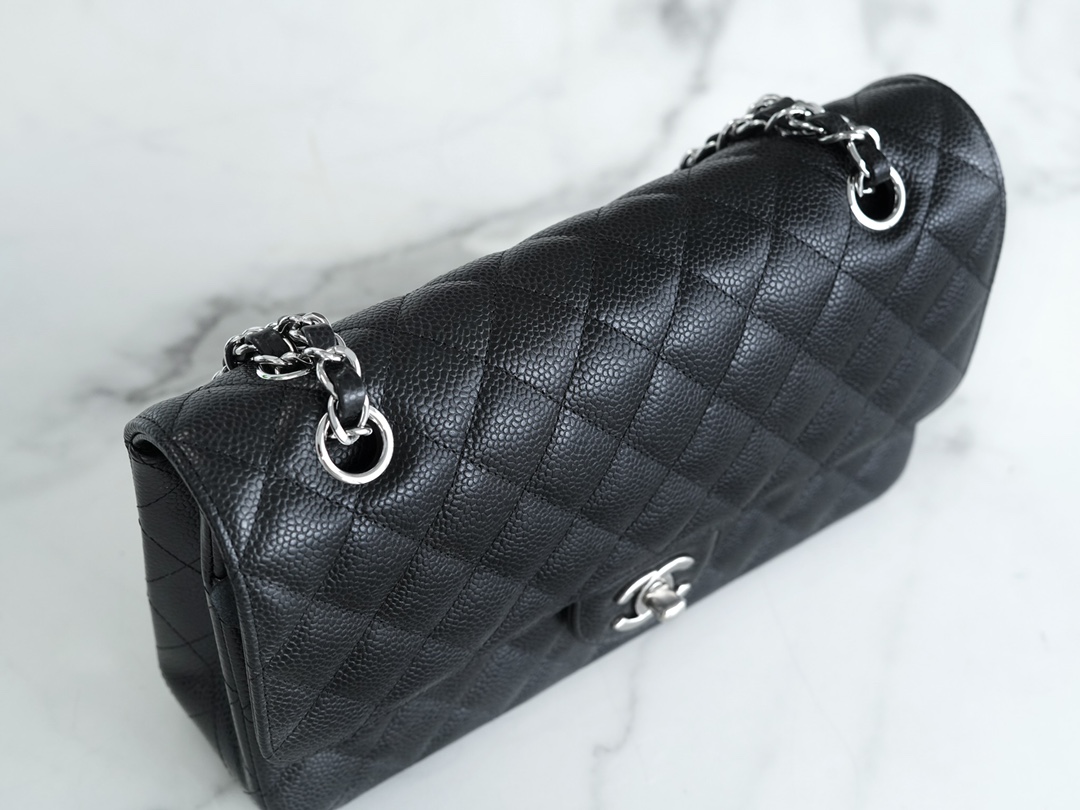 Classic Flap Bag, Medium, Black with Silver Hardware, Caviar Calfskin  