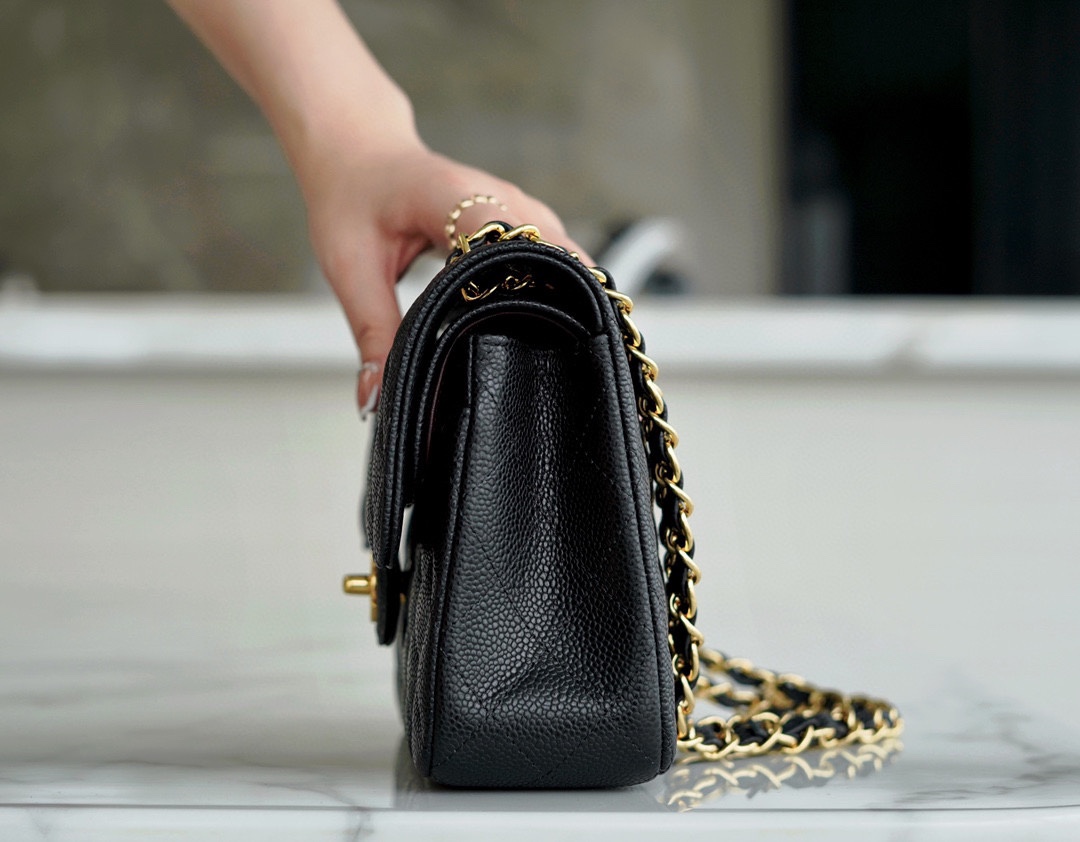 Classic Flap Bag, Black and Gold, Small, Calfskin  