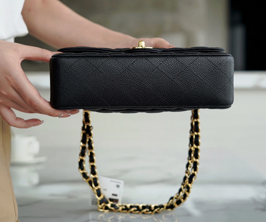 Classic Flap Bag, Black and Gold, Small, Calfskin  