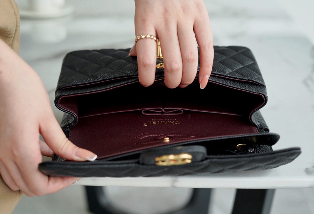 Classic Flap Bag, Black and Gold, Small, Calfskin  