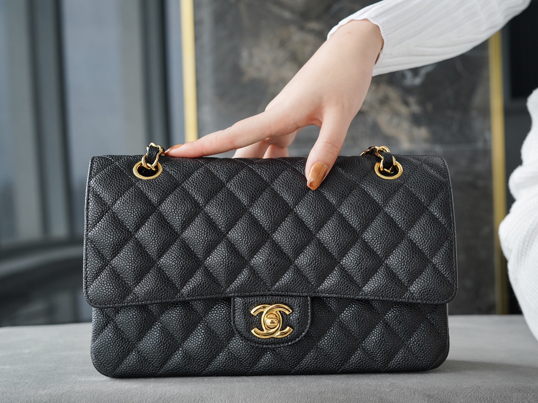 Classic Flap Bag, Black and Gold, Large Quilted, Calfskin  