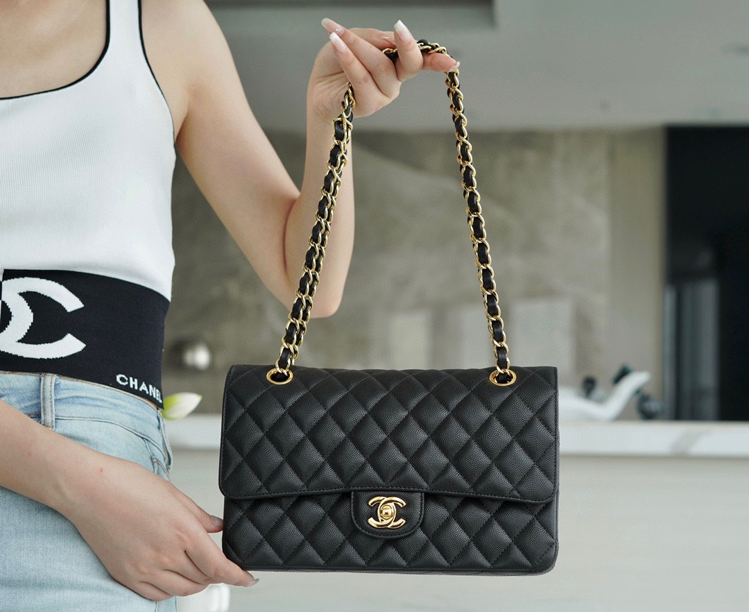 Classic Flap Bag, Large Quilted, Black and Gold, Calfskin  