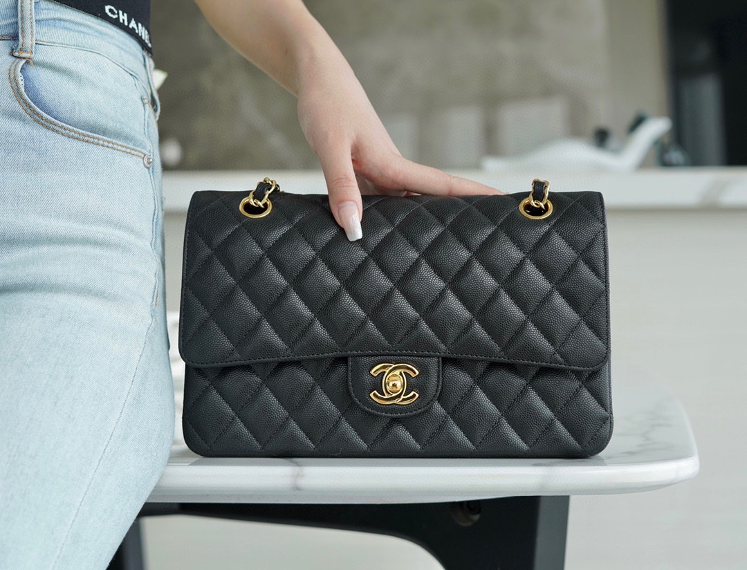 Classic Flap Bag, Large Quilted, Black and Gold, Calfskin  