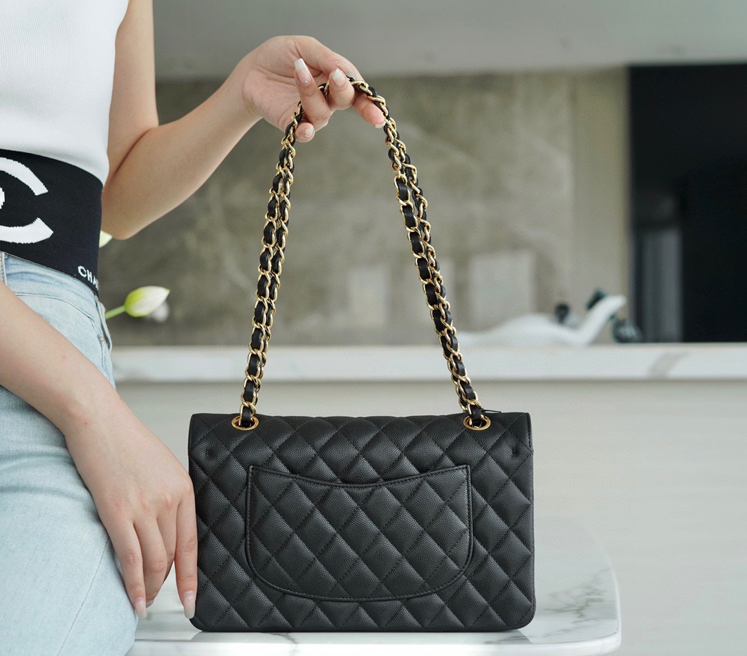 Classic Flap Bag, Large Quilted, Black and Gold, Calfskin  