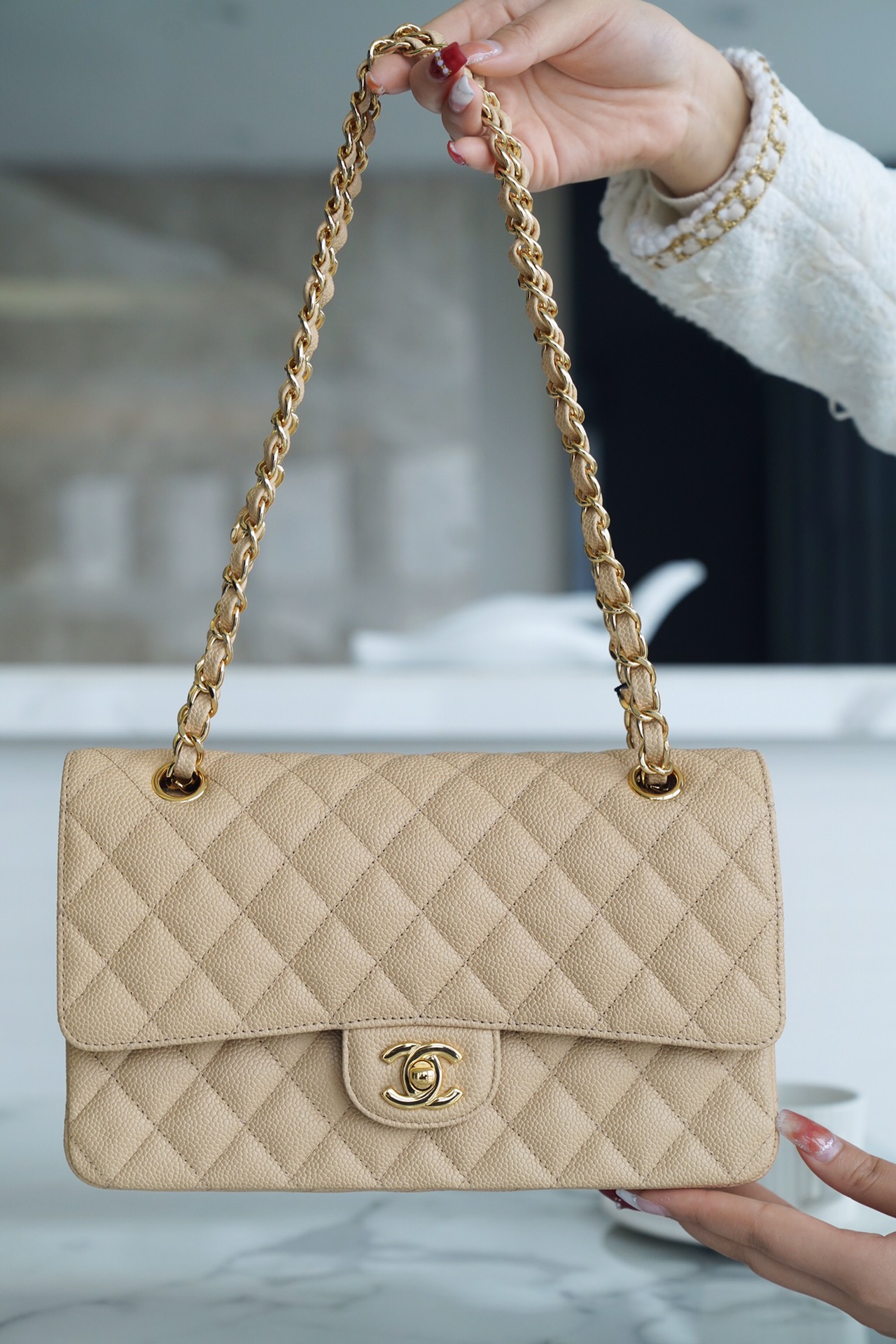 Classic Flap Bag, Large Quilted, Almond, Calfskin  