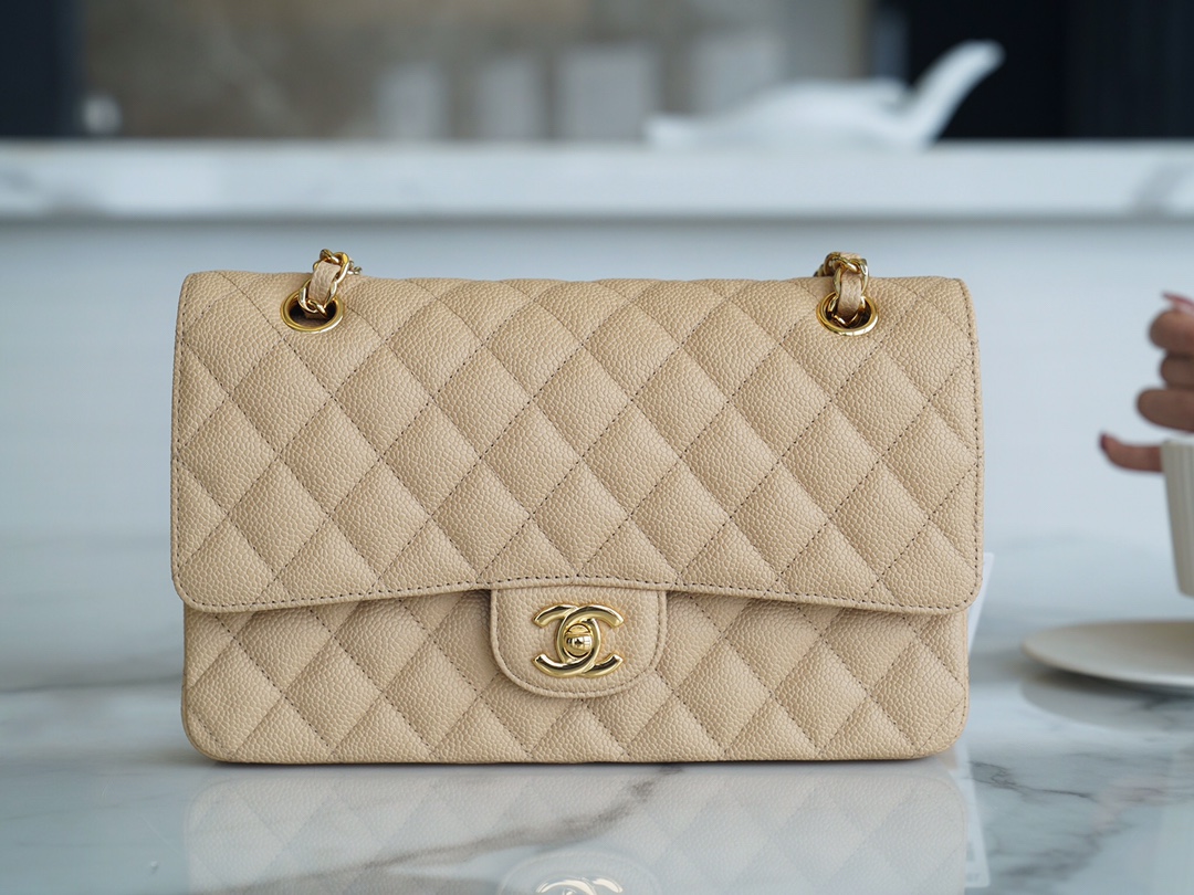 Classic Flap Bag, Large Quilted, Almond, Calfskin  