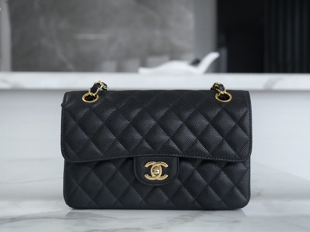 Classic Flap Bag, Black and Gold, Small, Calfskin  