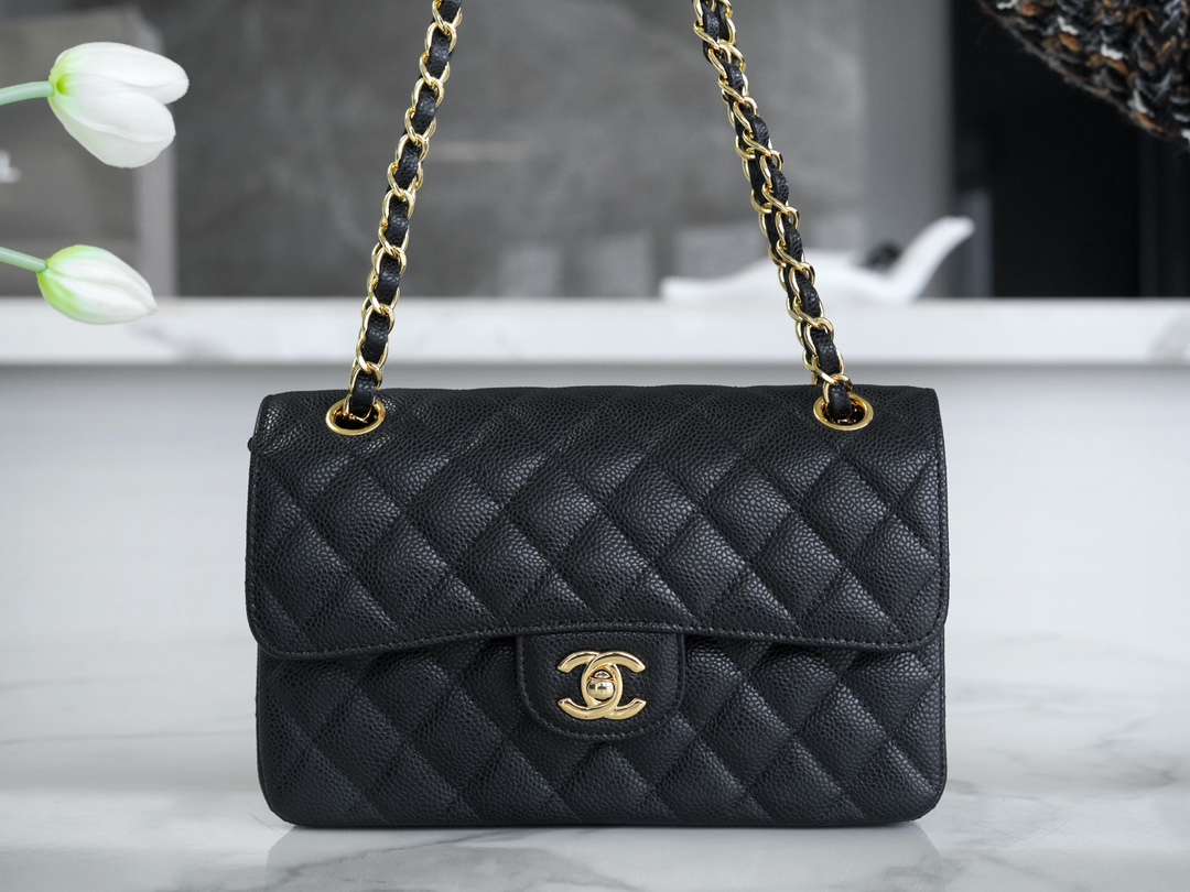 Classic Flap Bag, Black and Gold, Small, Calfskin  