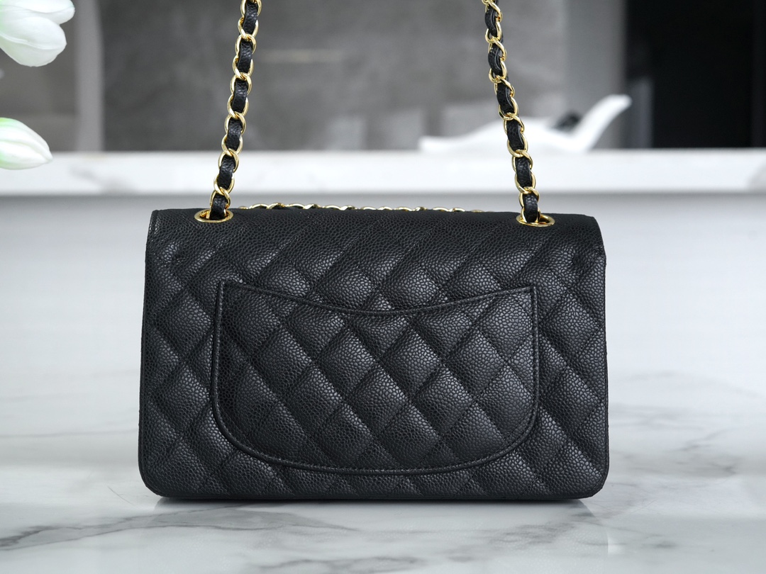 Classic Flap Bag, Black and Gold, Small, Calfskin  