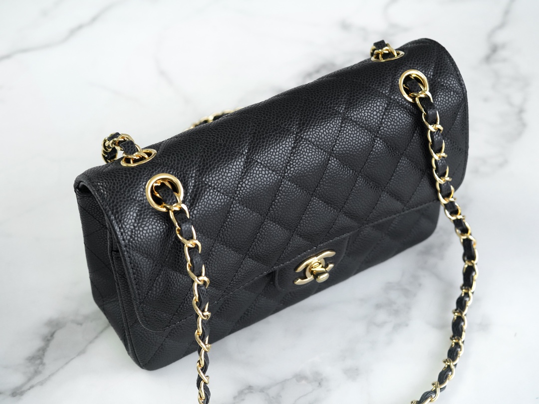 Classic Flap Bag, Black and Gold, Small, Calfskin  