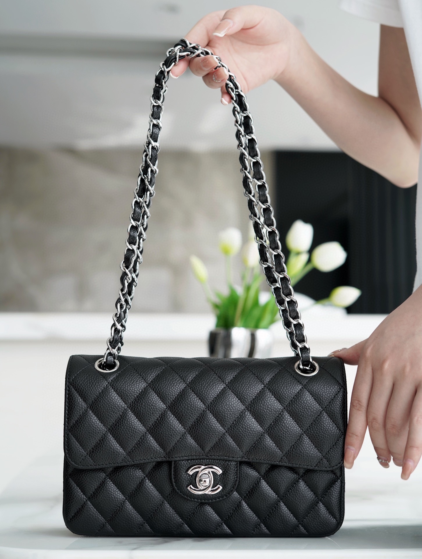 Classic Flap Bag, Black and Silver, Small, Calfskin  