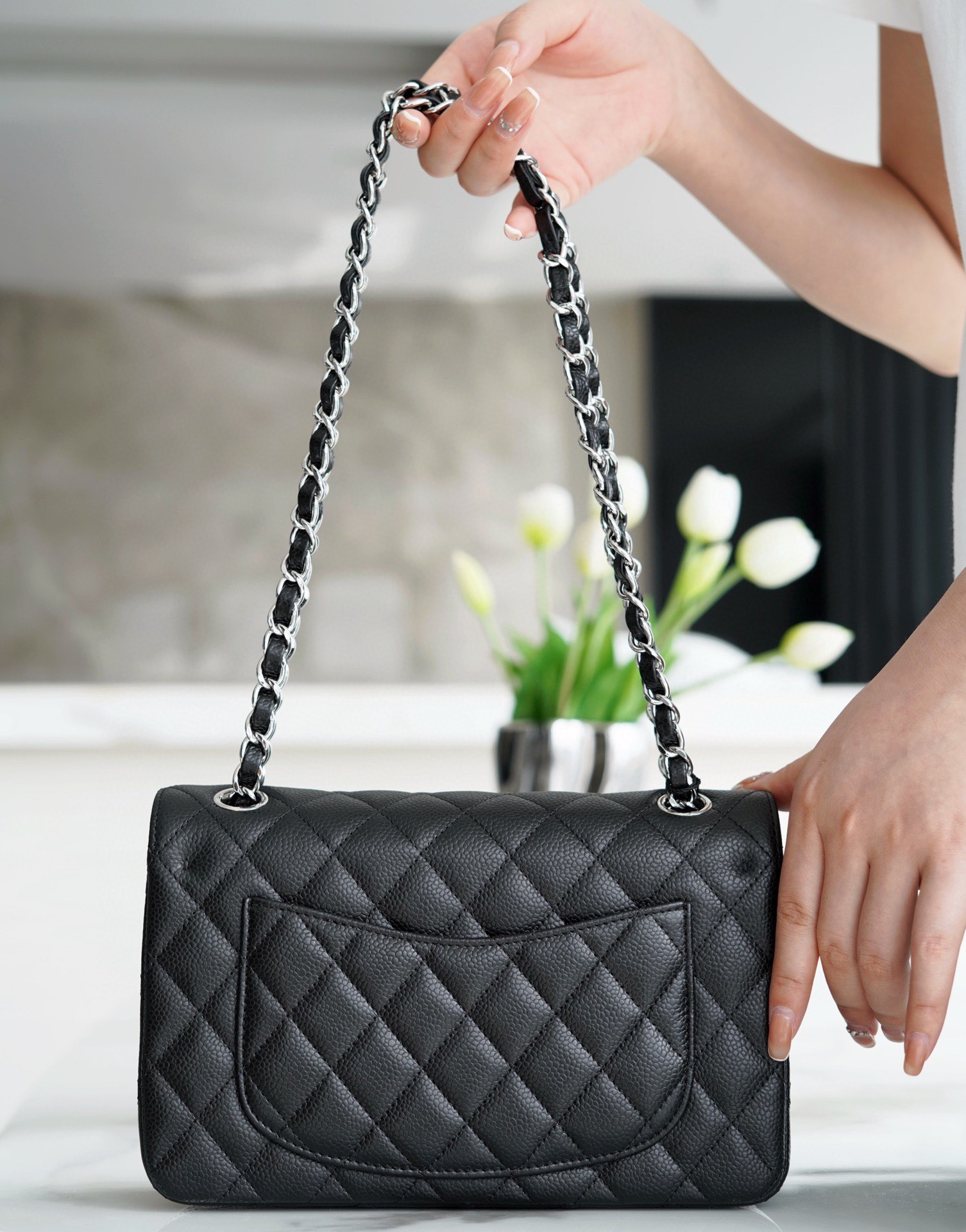 Classic Flap Bag, Black and Silver, Small, Calfskin  