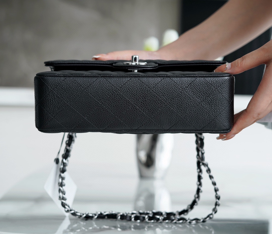 Classic Flap Bag, Black and Silver, Small, Calfskin  