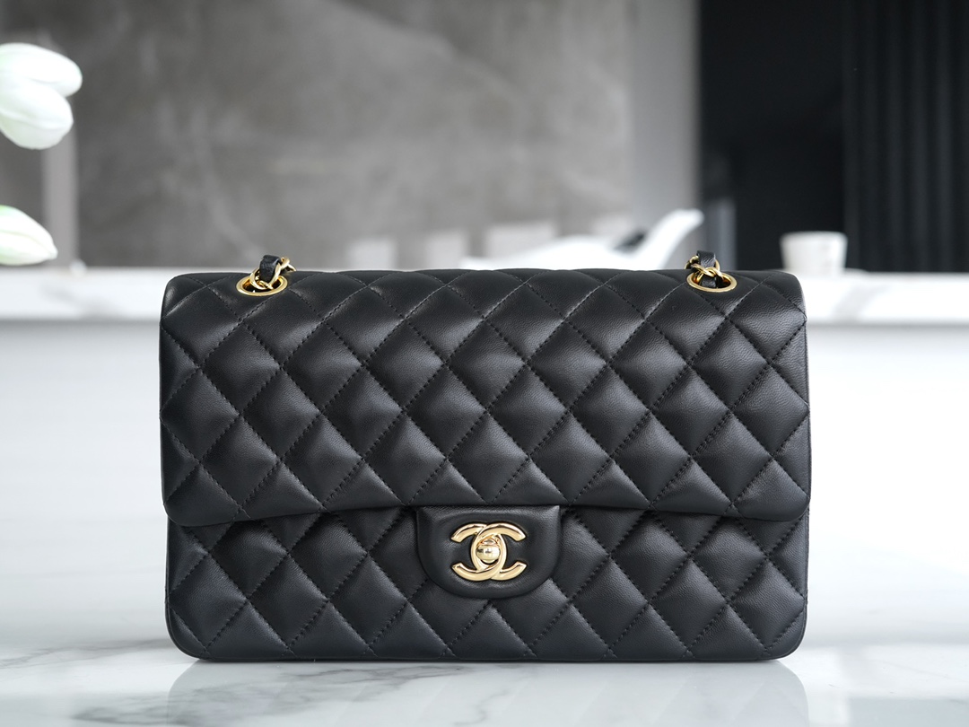 Classic Flap Bag, Large Quilted, Black and Gold, Lambskin  