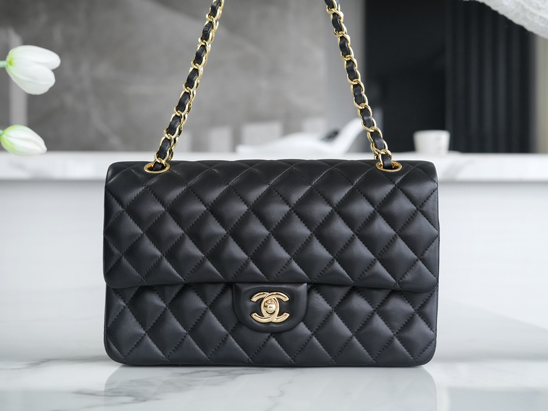 Classic Flap Bag, Large Quilted, Black and Gold, Lambskin  