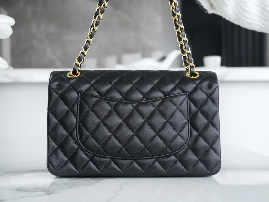 Classic Flap Bag, Large Quilted, Black and Gold, Lambskin  