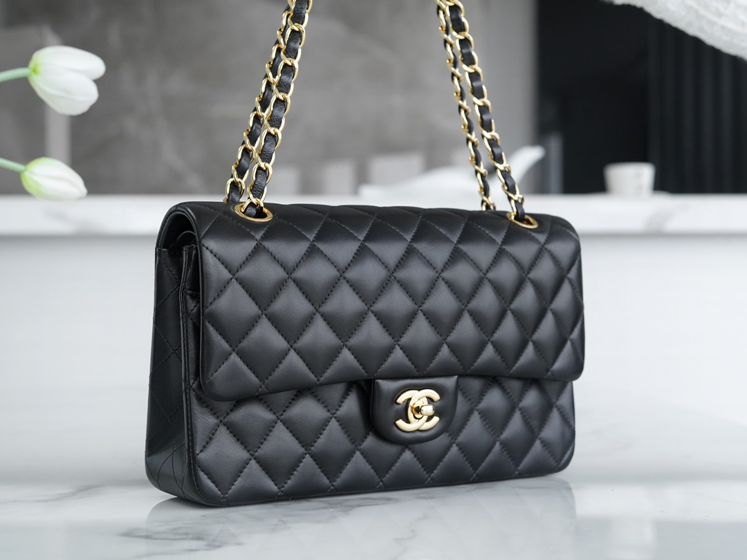 Classic Flap Bag, Large Quilted, Black and Gold, Lambskin  